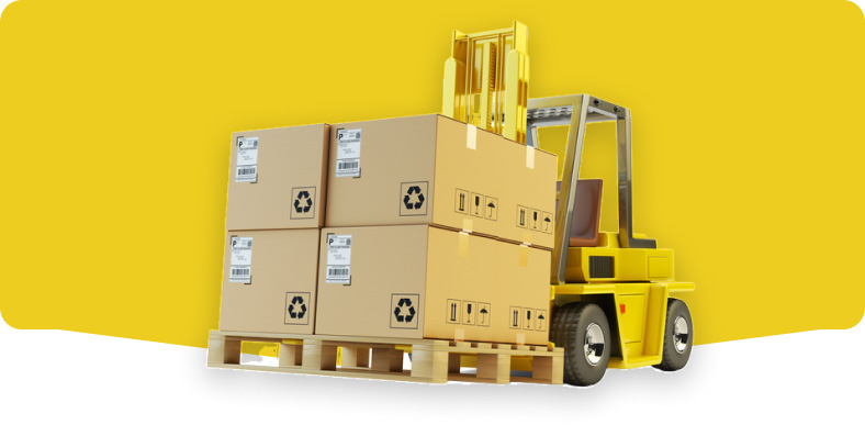 Forklift loading pallets of cardboard boxes for shipment