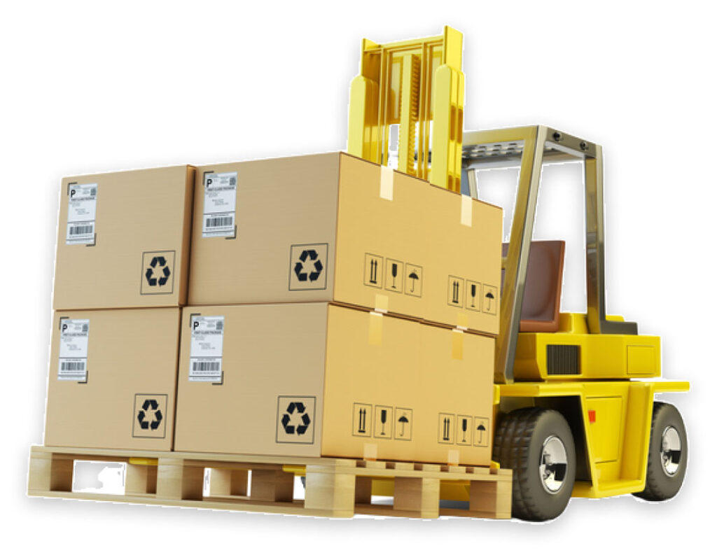 Forklift transporting stacked cardboard boxes
